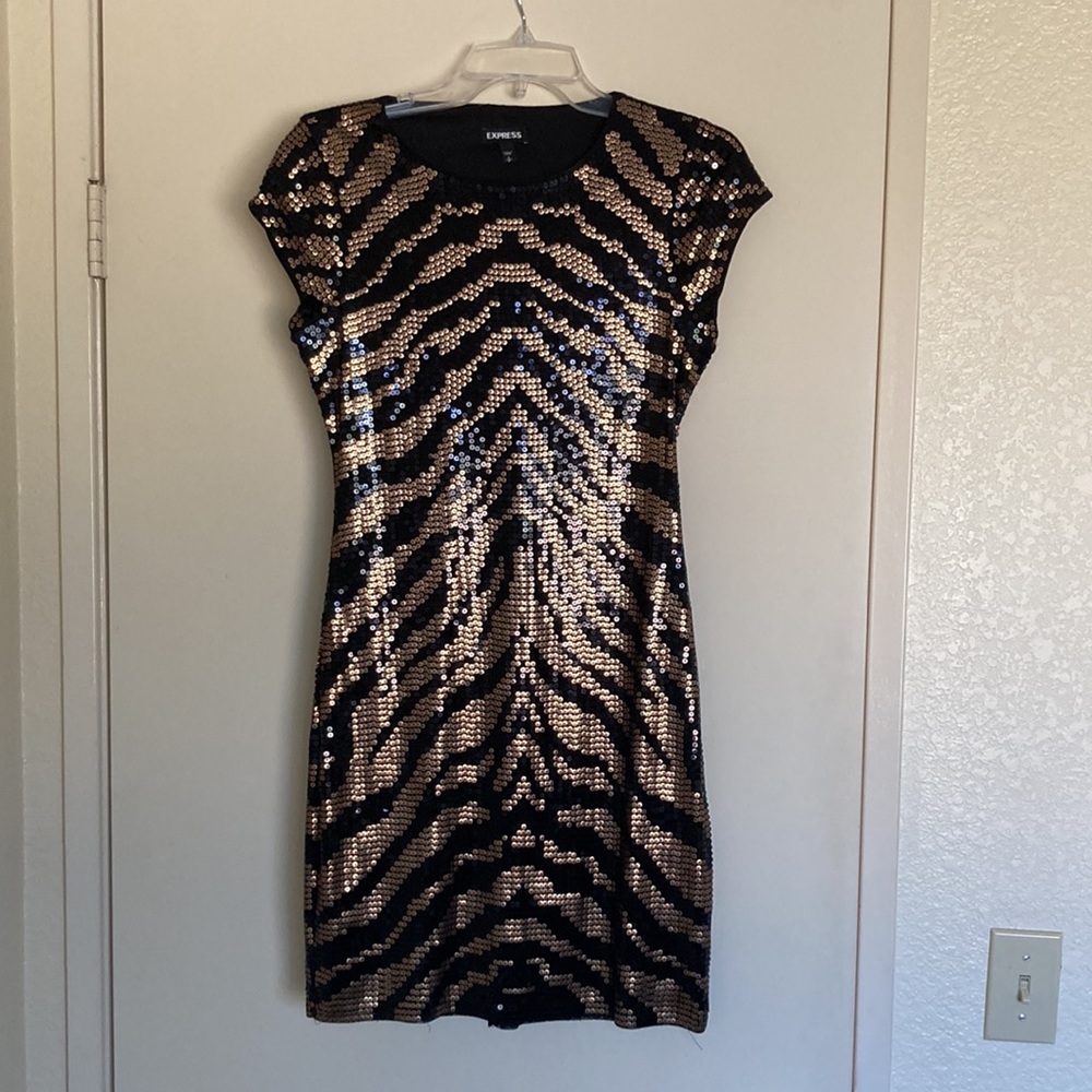 Express Black and Gold Sequin Zebra-Print Short Dress